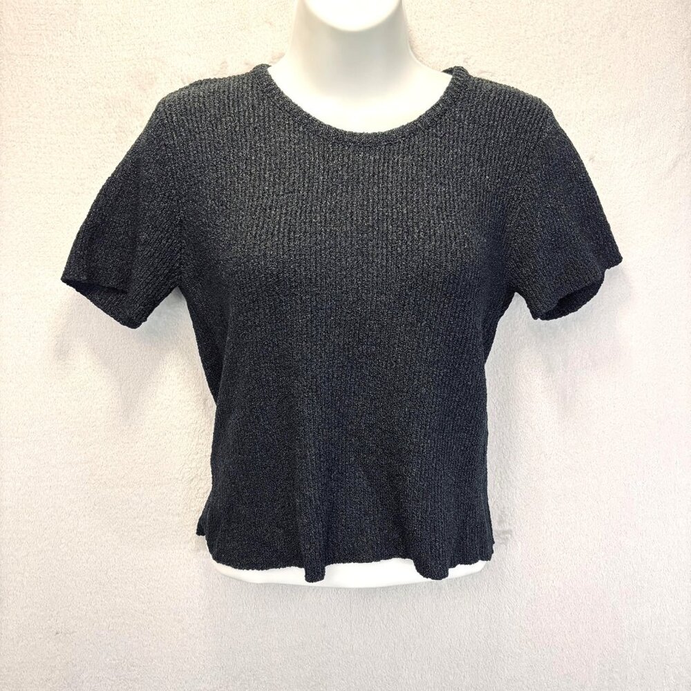 Vintage Retro Sasson Knit Nylon Short Sleeve Sweater Womens Medium Black Top